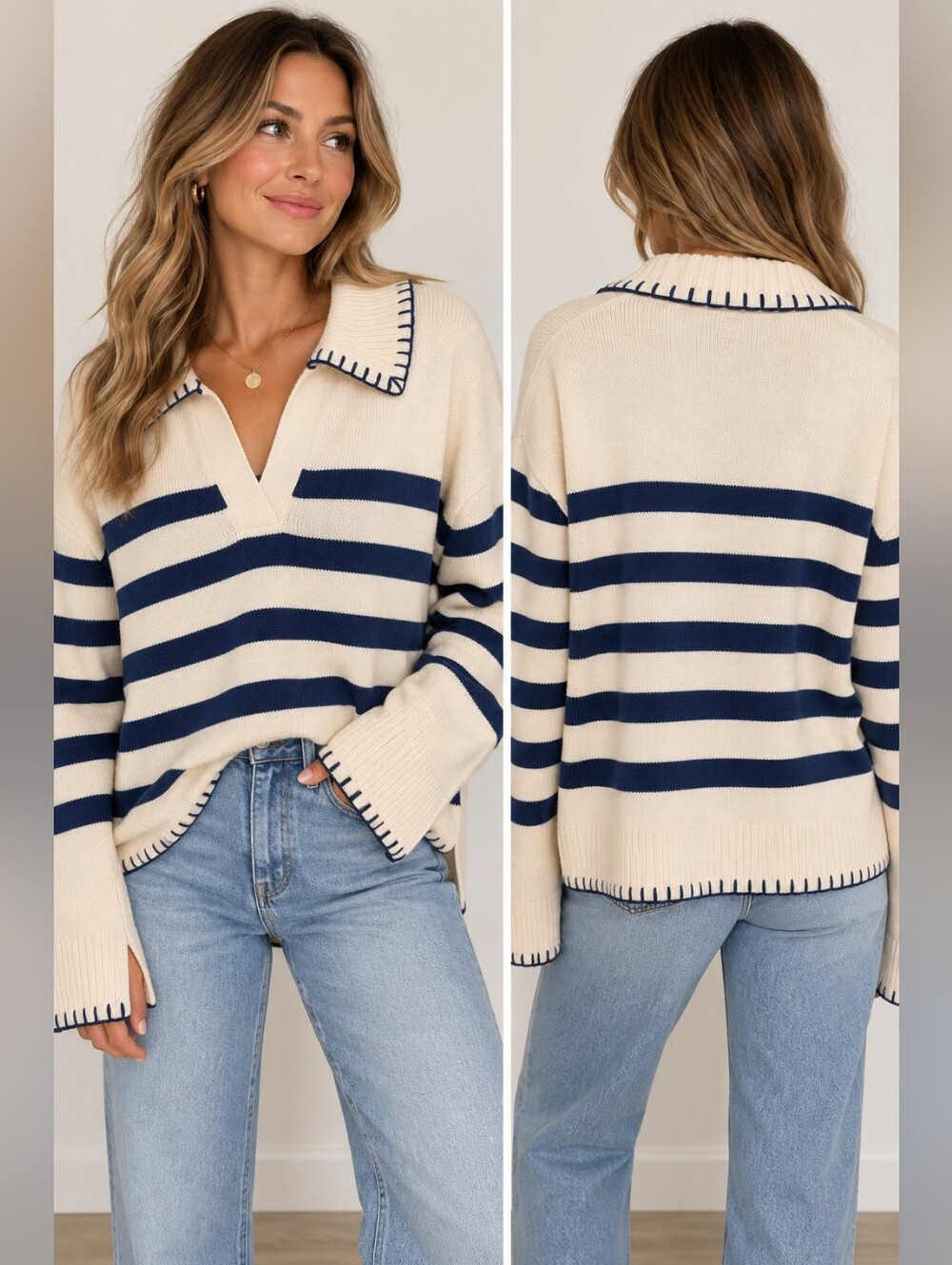 Rails Athena Wool Cashmere Striped Polo Sweater Ivory Navy XL